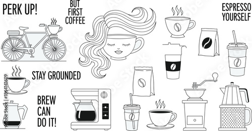 Hand Drawn Coffee Doodle Illustration Set with Cups, Makers, Beans, and Funny Quotes for Cafe Branding, Posters, Stickers, and Menu Designs