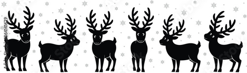 Christmas reindeer silhouettes with snowflakes, winter holiday decoration illustration, cute deer characters isolated on white background vector flat design art