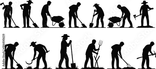 Gardening workers silhouette vector, farming people with tools, agriculture labor poses, outdoor cultivation, black icons for horticulture and landscaping design