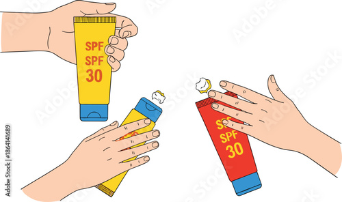 Hands Applying Sunscreen SPF 30 Vector Illustration Showing Sun Protection, Skincare Routine,
 and UV Safety Concept for Summer and Beach Designs