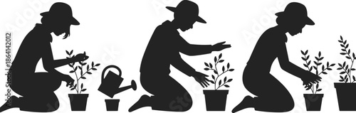 Gardener planting and caring for potted plants silhouette illustration showing growth process home gardening isolated white background vector stock design