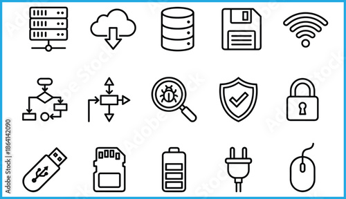 Set of 16 black line icons for computing and cybersecurity including servers, cloud storage, debugging, and data protection