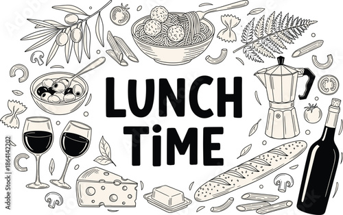 Lunch Time Hand Drawn Illustration with Food, Wine, Bread, Cheese, Pasta,
 and Kitchen Elements for Restaurant Menus and Cafe Branding