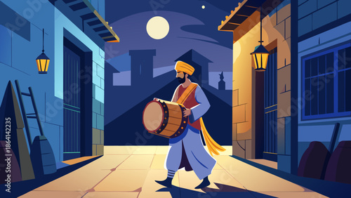 Traditional Musaharati drummer walking in an old alley at night, beating a drum to wake people for Suhoor, silhouette vector style.