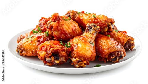 Illustration of a plate of delicious buffalo chicken wings garnished with herbs on a white background