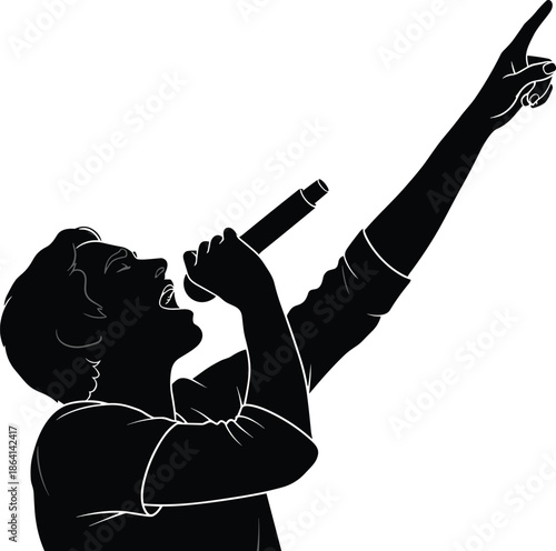 Singer silhouette holding microphone vector illustration, male performer singing and pointing upward, music concert performance concept, vocal artist stage pose, dramatic black silhouette design