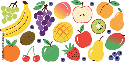 Brightly colored fruits including bananas, apples, oranges, grapes, and kiwi Background
