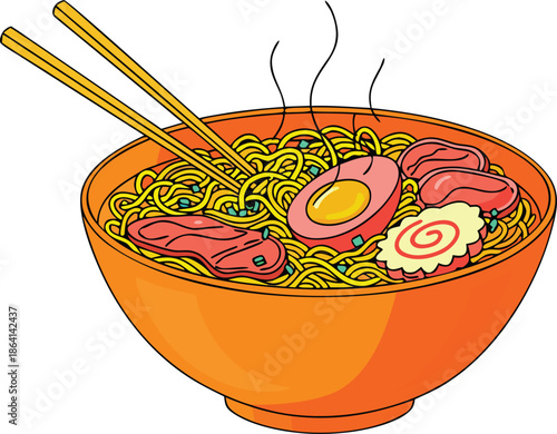 Steaming Bowl of Ramen Noodles with Egg and Meat