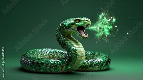 Stylized emerald green cobra spitting mystical green energy particles against a dark studio background