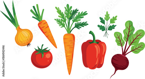 vegetables including carrot, onion, tomato, bell pepper, and beetroot with green leaves
