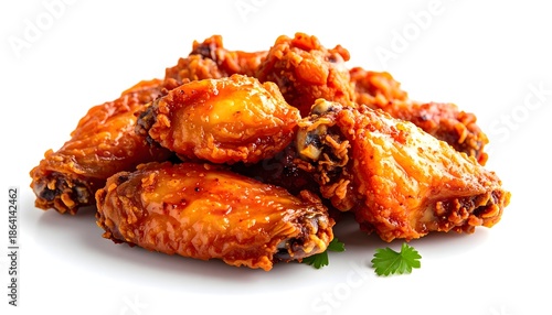 Illustration of crispy fried chicken wings with herbs on a white surface for foodie delight