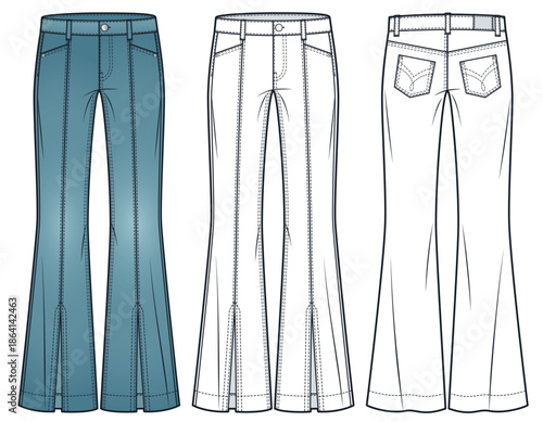 Flared Jeans Technical Fashion Illustration. Low Rice Slit Denim Pants fashion flat technical drawing template, full length, front and back view, white, vintage blue, women, men, unisex CAD mockup.