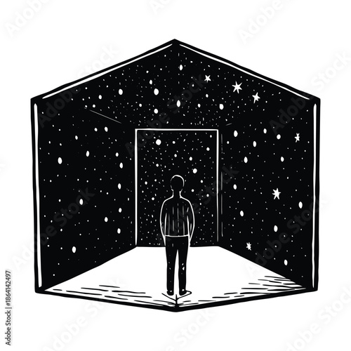 Silhouette of a person standing inside a hexagonal room filled with stars