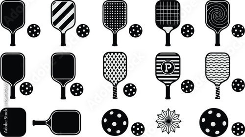 Table tennis paddle icon set vector illustration, ping pong racket symbols collection with ball patterns, sports equipment design, black silhouette flat style, isolated graphic elements
