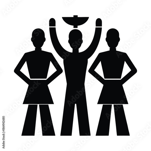 Three stylized figures holding up a trophy or award 