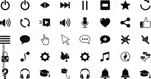 User interface icon set vector illustration, multimedia control symbols collection, web app navigation buttons, settings notification social media icons, flat black design, isolated graphic elements