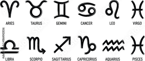 Hand Drawn Zodiac Signs Set with Minimalist Black Ink Icons for Aries Taurus Gemini Cancer Leo Virgo Libra Scorpio Sagittarius Capricorn Aquarius Pisces