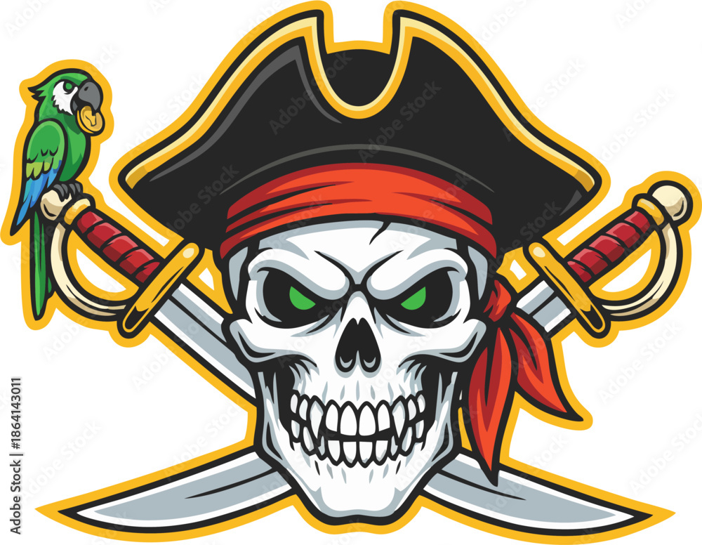 Fototapeta premium Cartoon pirate emblem green parrot bandana swords vector logo