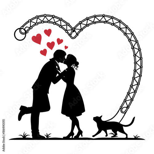 Romantic couple kissing under heart-shaped bridge