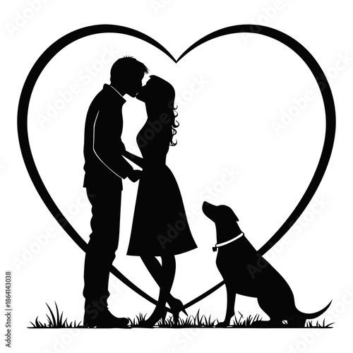 Silhouette of couple with dog in heart shape