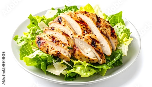 Illustration of grilled chicken breast slices on a bed of fresh lettuce leaves served on a plate isolated on white background