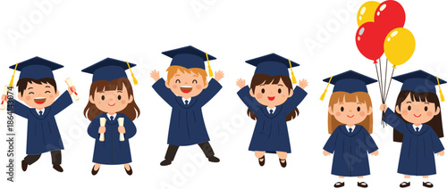 Happy graduation children characters wearing caps and gowns celebrating school achievement cartoon vector illustration