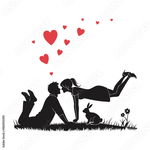 Romantic couple in silhouette with hearts