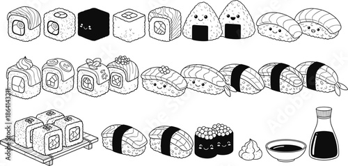 Kawaii Sushi Coloring Page Vector Set Featuring Cute Nigiri Onigiri and Maki Rolls with Smiling Faces for Kids Activity Book Illustration