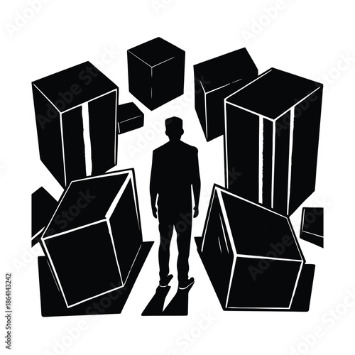 Silhouette of Man Surrounded by Floating Cubes 