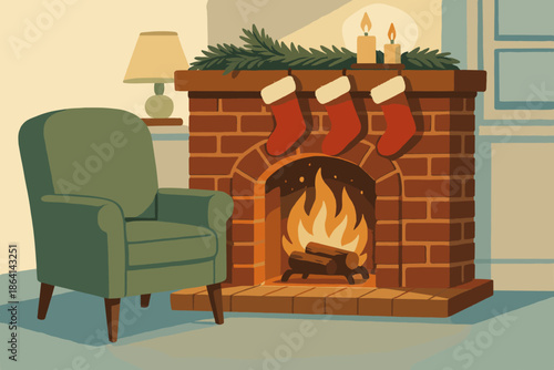 Vector any no stockings icon negative nostalgic living blue cozy fireplace vintage