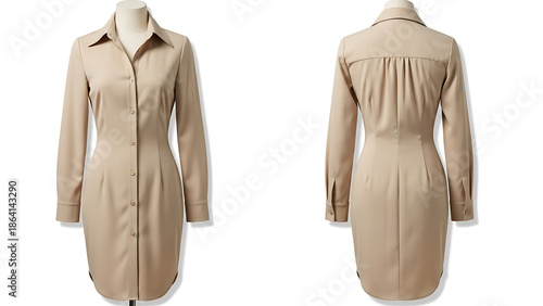 Beige long sleeve dress with collar and pleats
