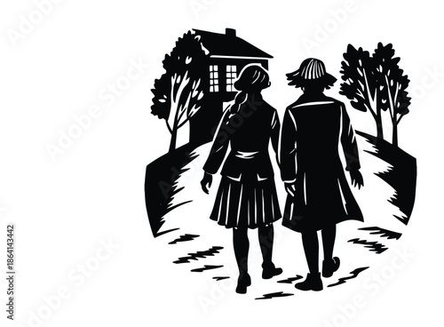 Two Children Walking Towards a House with Trees 
