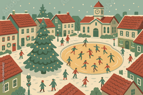 Town skating no nostalgic cyrillic icon cartoon vector perspective golden winter vintage