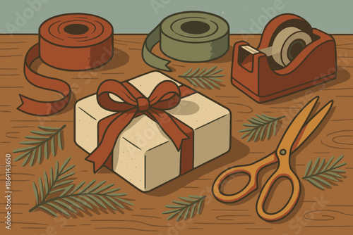 Retro no textured typography punctuation text sage golden branches wrapping gift icon