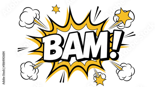 Comic explosion sound effect "BAM!" with stars and smoke clouds, isolated white background