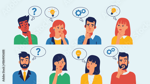 Diverse group of people thinking, questioning and having new ideas with lightbulb icons in bright studio background