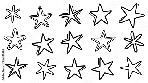Collection of hand drawn star shapes and outlines, doodle style, isolated white background