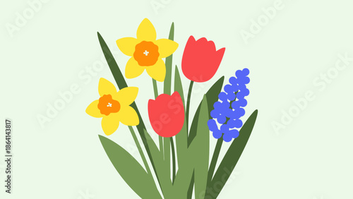 Vibrant spring flower bouquet with yellow daffodils, red tulips, and blue hyacinths on a light green background.