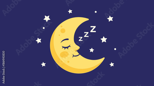 Cute Cartoon Sleeping Crescent Moon with Stars, Peaceful Night Sky Illustration