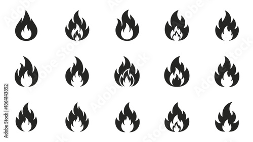 Set of Black Fire Flame Icons, Various Shapes and Sizes on Isolated White Background
