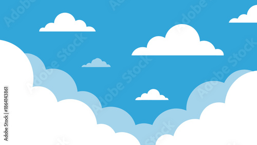 Bright Blue Sky with Fluffy White Clouds, Sunny Day Background Illustration