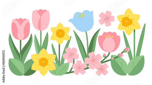 Foto Beautiful Spring Flowers Border, Pink Tulips and Yellow Daffodils with Green Lea