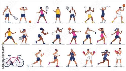 Vector illustration bundle of cheerful men and women performing various sports activities.