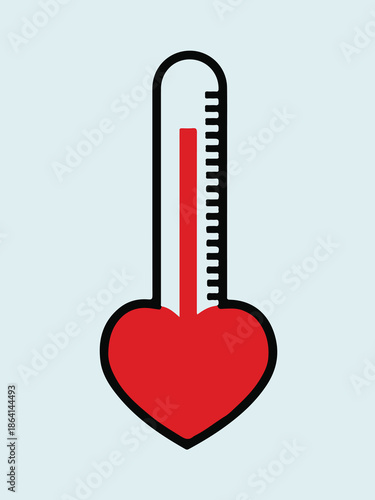 Red heart with thermometer illustration showing temperature measurement as a medical symbol or weather icon for heat and cold degrees on a Celsius and Fahrenheit scale