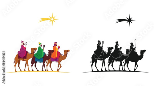 Colorful and silhouetted depictions of the three wise men following a star