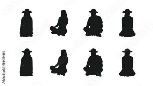 Silhouettes of people in traditional hats and clothing arranged in a grid pattern