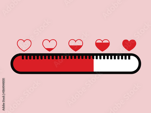 A graphic illustration of a thermometer with hearts indicating love or passion levels on a soft pink background from a straightforward viewpoint