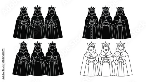 A group of elegantly dressed figures some in black and others in white