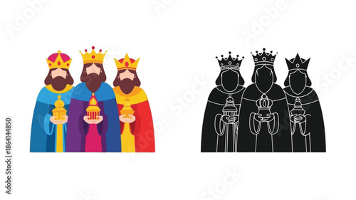 Three kings or wise men illustrations in color and monochrome versions