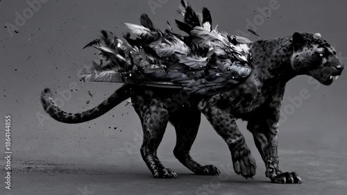 Black winged panther on a monochrome background. Creature resembling the sphinx from Greek mythology, black on a gray background | Animorph